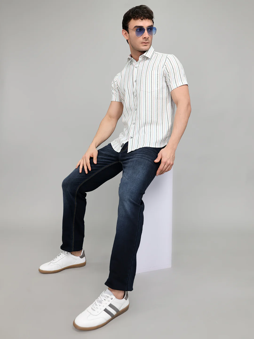 Men White Stripe Collar Half Sleeve Shirt - Image 6