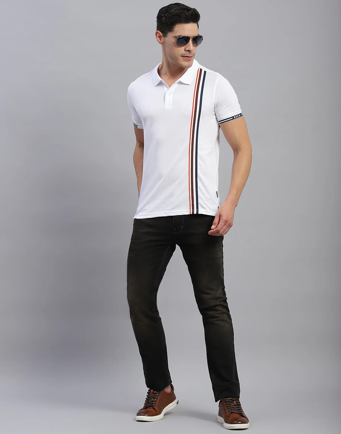 Rock.it Men White Stripe Collar Half Sleeve T-Shirt - Image 2