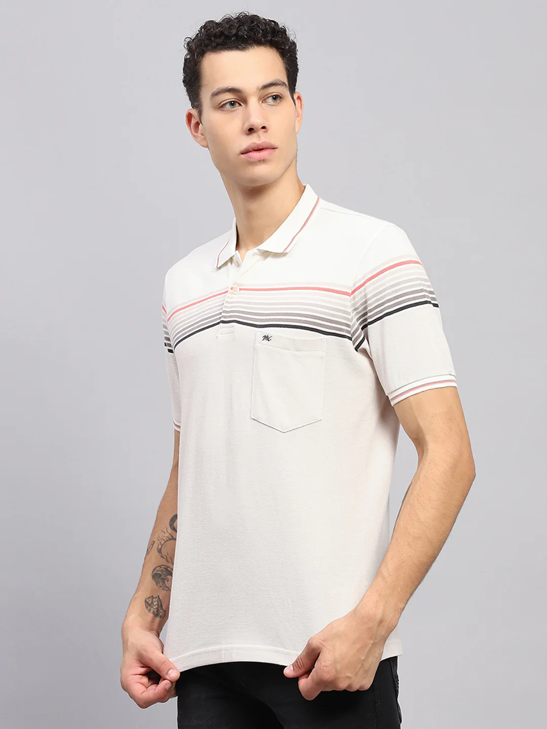 Men White Stripe Collar Half Sleeve T-Shirt - Image 3
