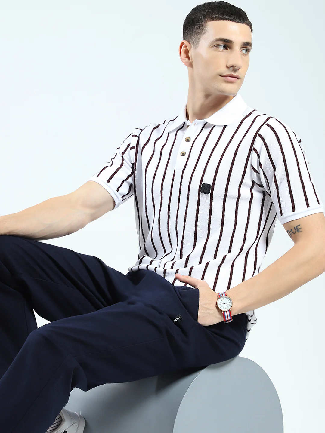 Rock.it Men White Stripe Collar Half Sleeve T-Shirt - Image 6