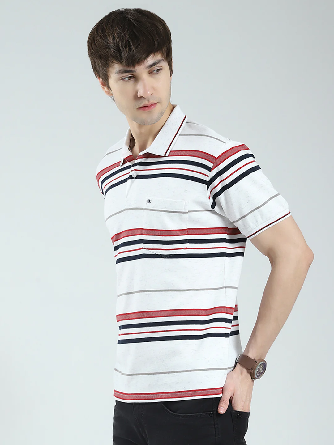 Men White Stripe Collar Half Sleeve T-Shirt - Image 3