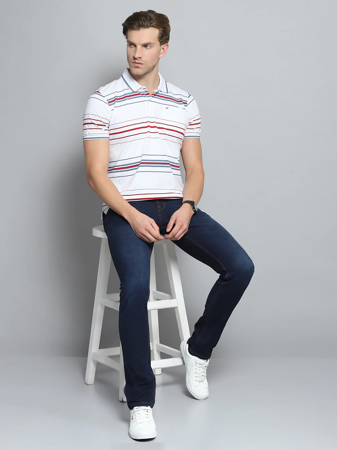 Men White Stripe Collar Half Sleeve T-Shirt - Image 2