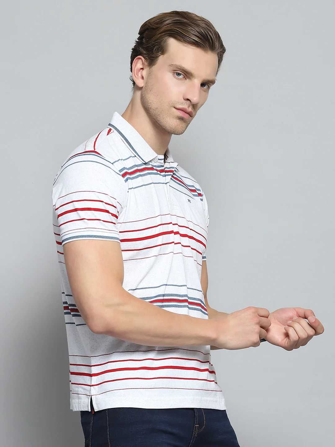 Men White Stripe Collar Half Sleeve T-Shirt - Image 4