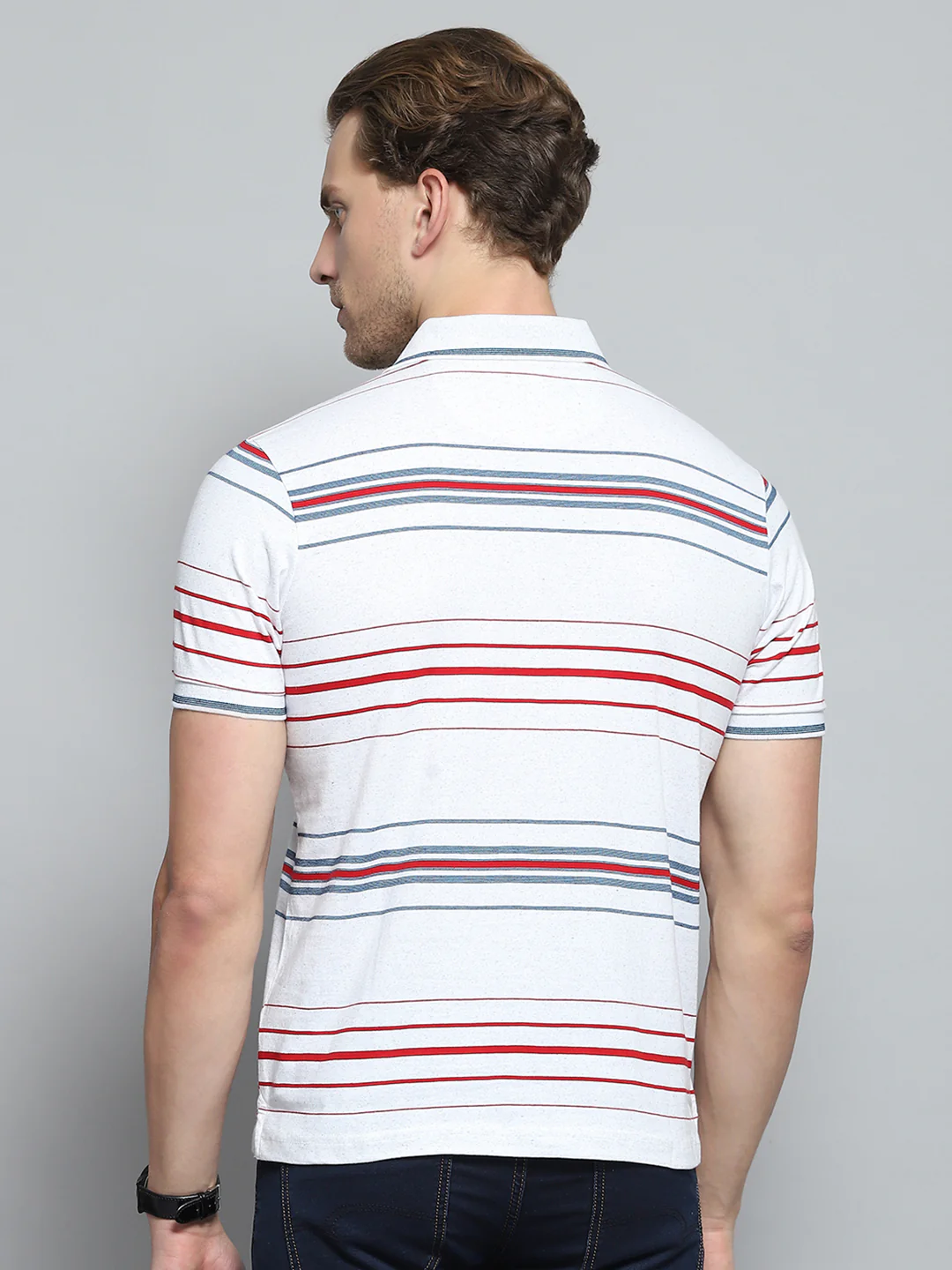 Men White Stripe Collar Half Sleeve T-Shirt - Image 5