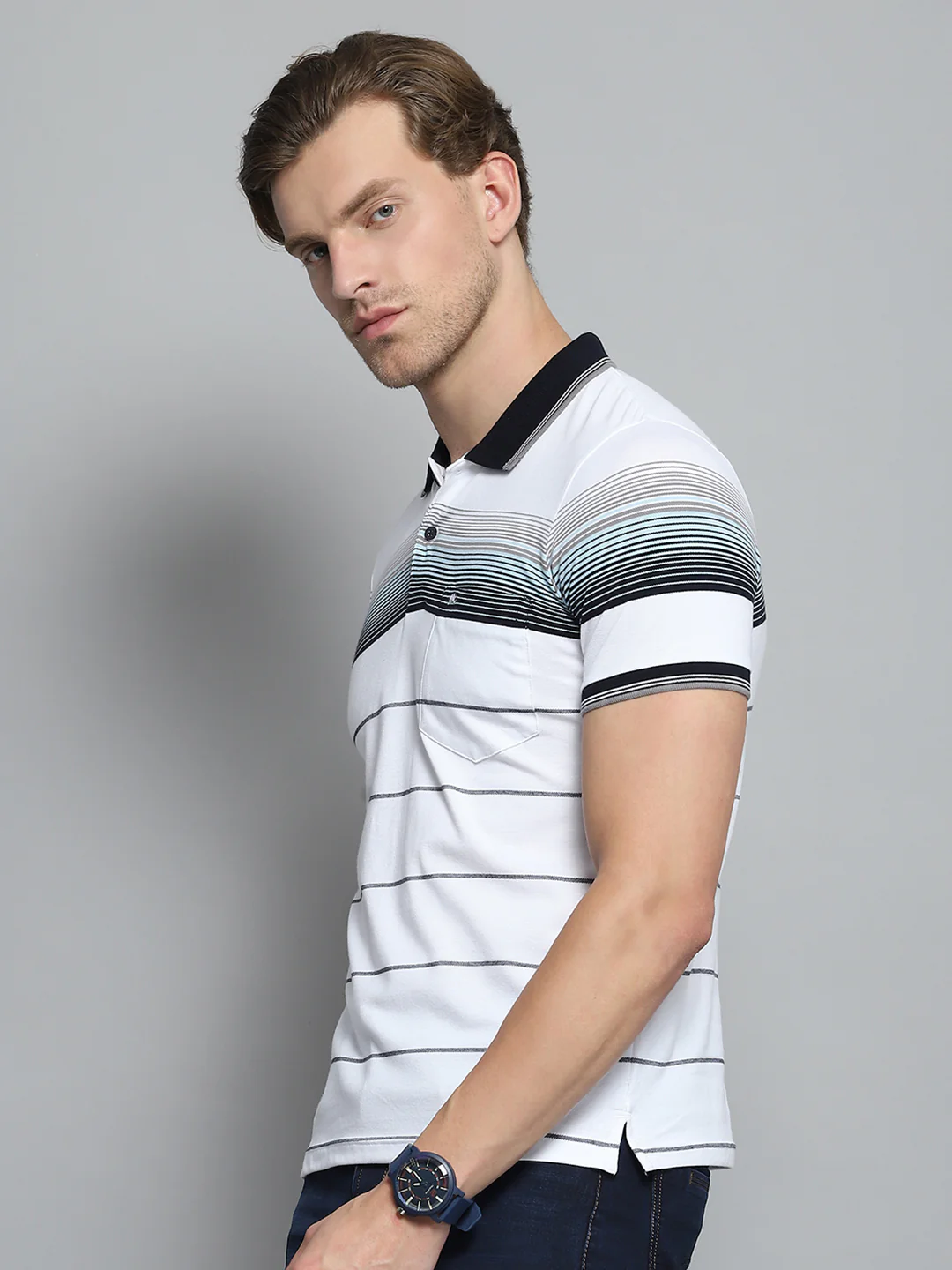 Men White Stripe Collar Half Sleeve T-Shirt - Image 3