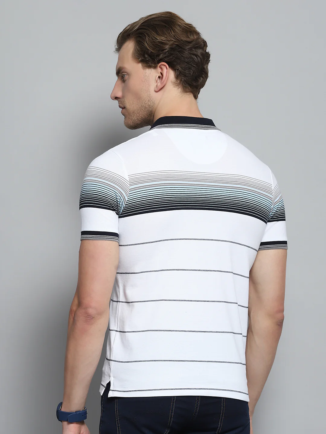 Men White Stripe Collar Half Sleeve T-Shirt - Image 5