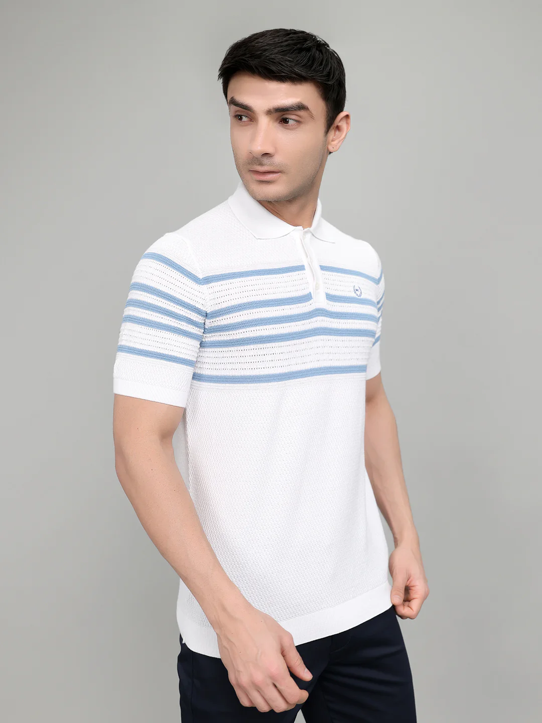 Men White Stripe Collar Half Sleeve T-Shirt - Image 3
