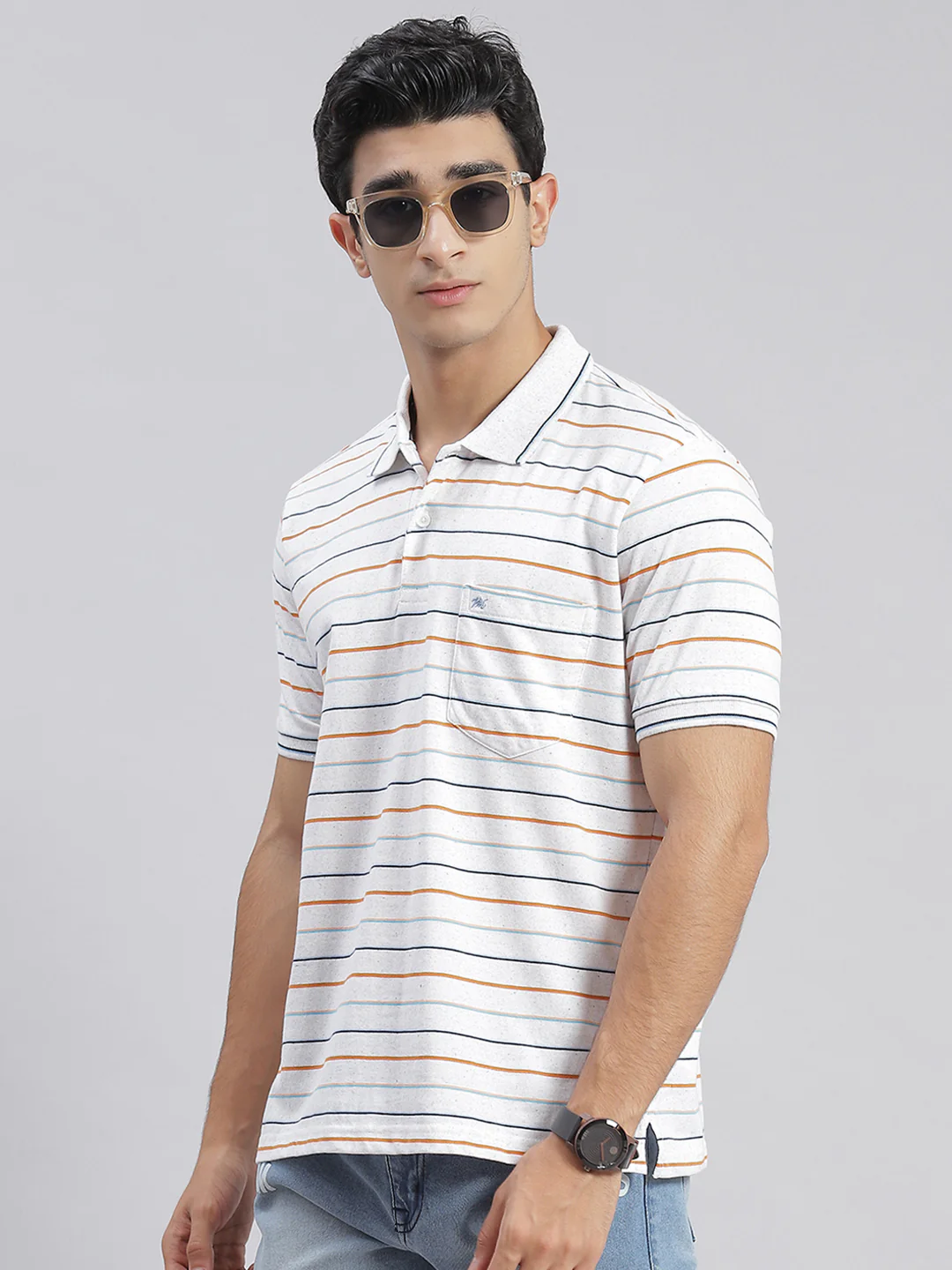 Men White Stripe Collar Half Sleeve T-Shirts - Image 4