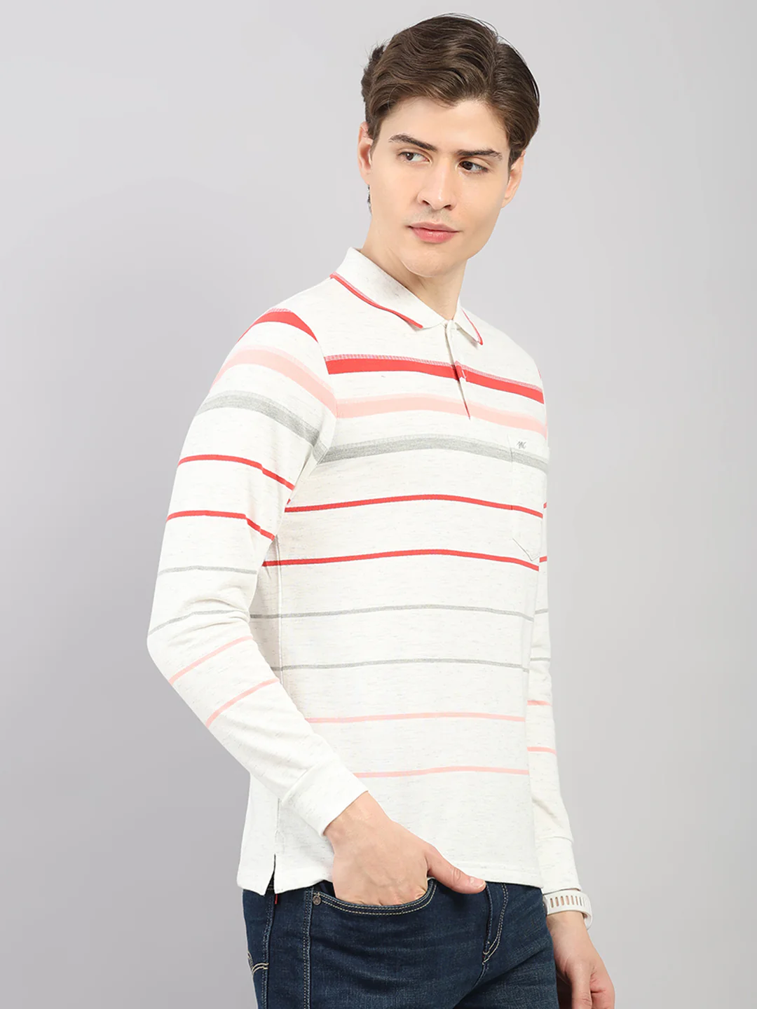Men White Stripe Polo Collar Full Sleeve Winter T-Shirt - Image 4
