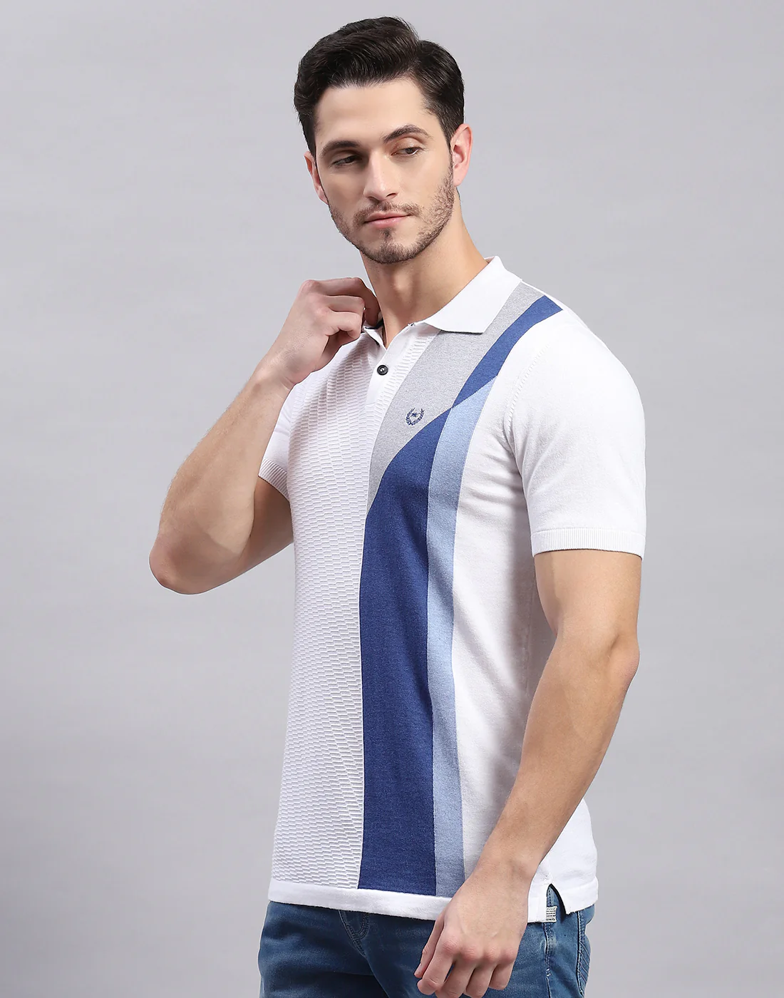 Men White Stripe Polo Collar Half Sleeve T-Shirt - Image 4