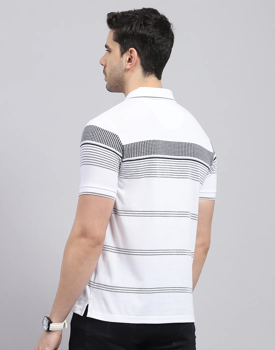 Men White Stripe Polo Collar Half Sleeve T-Shirt - Image 5
