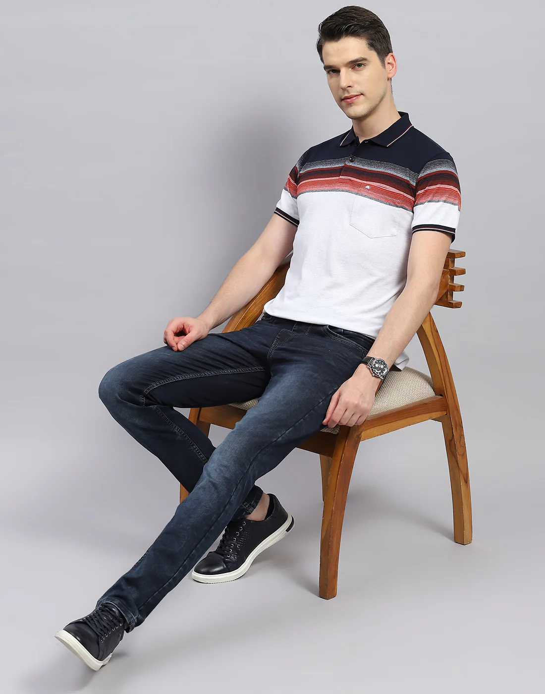 Men White Stripe Polo Collar Half Sleeve T-Shirt - Image 2