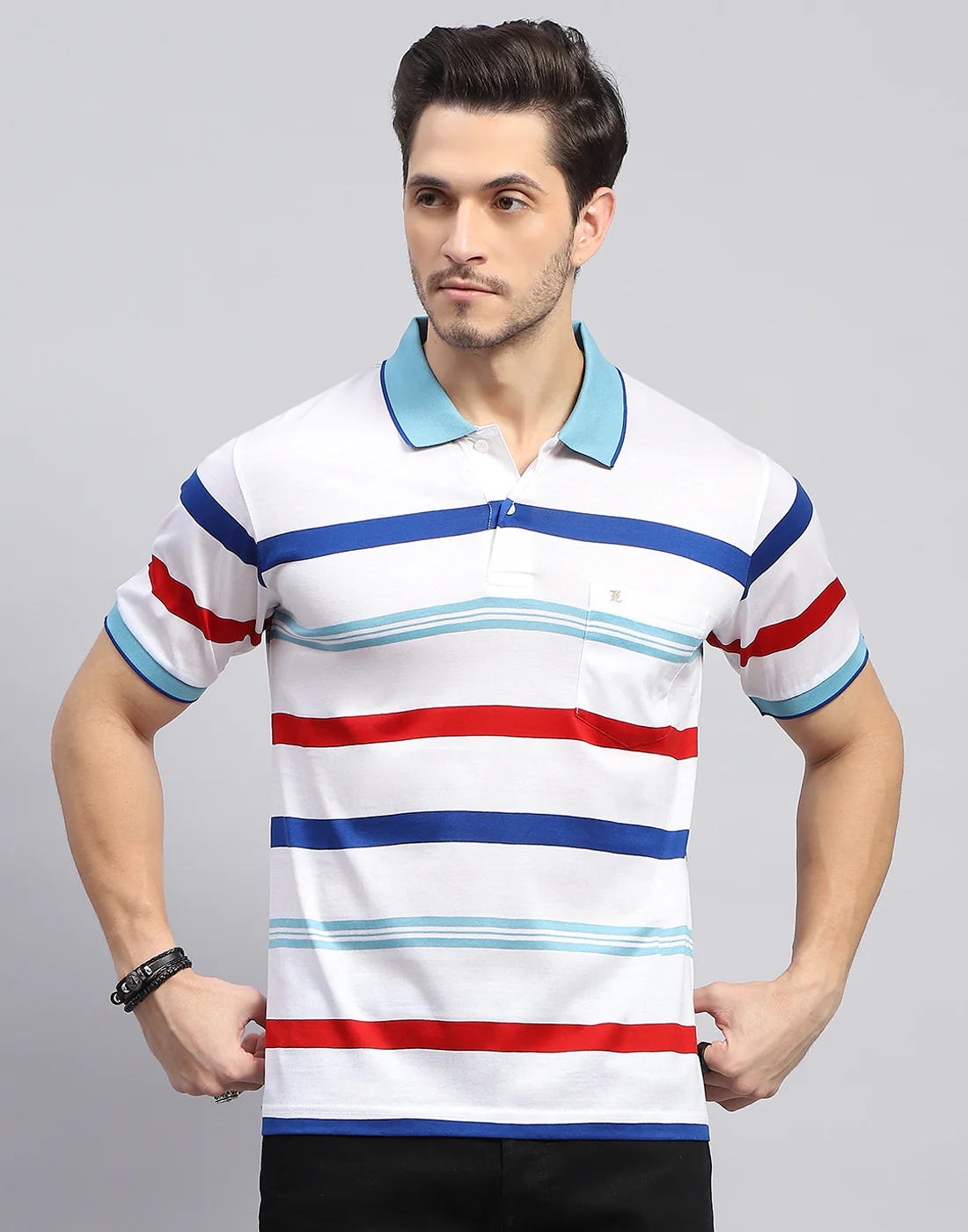 Men White Stripe Polo Collar Half Sleeve T-Shirt - Image 2