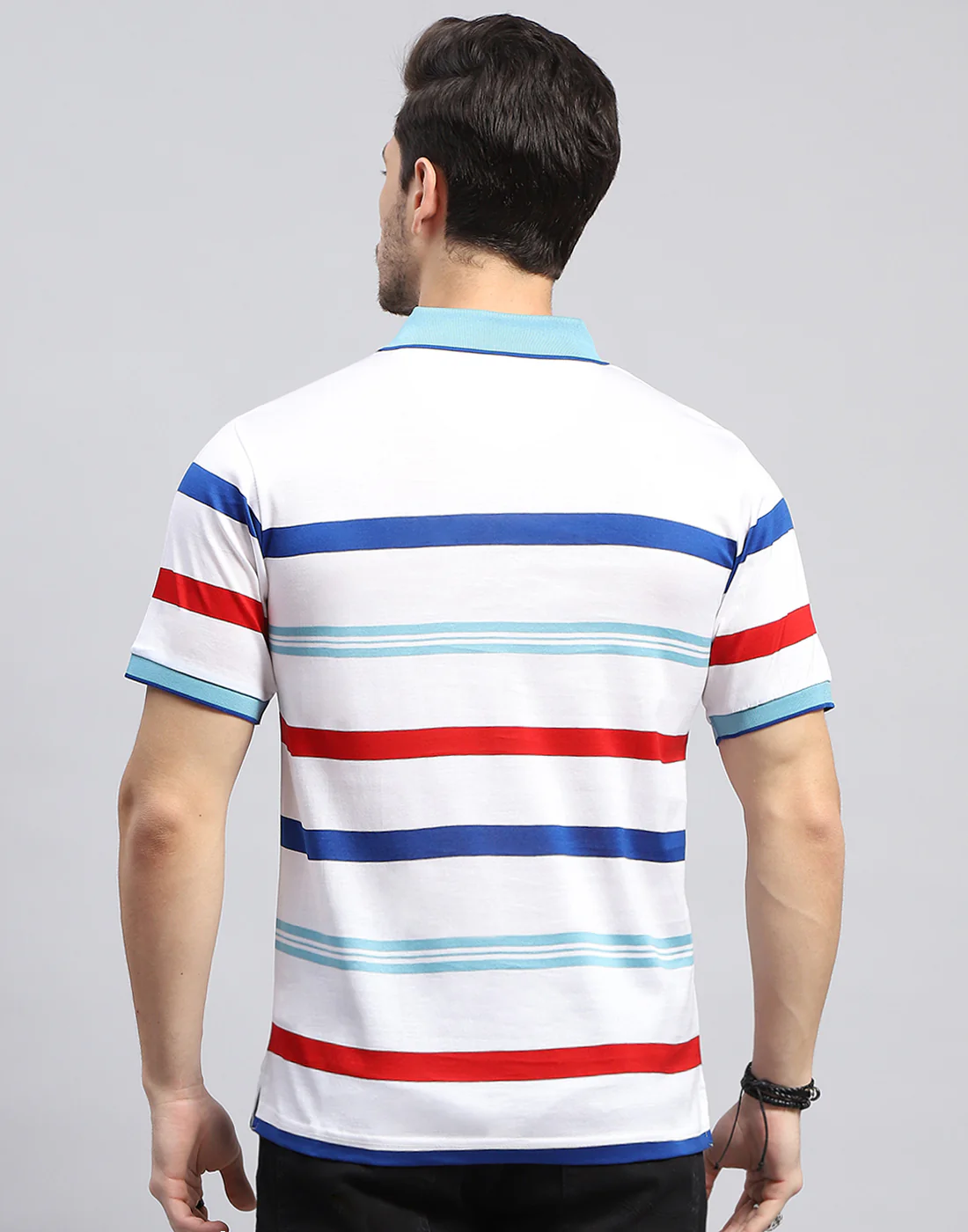 Men White Stripe Polo Collar Half Sleeve T-Shirt - Image 5