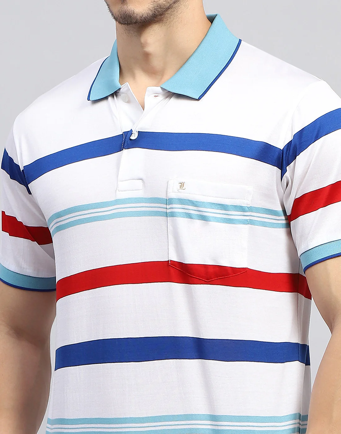 Men White Stripe Polo Collar Half Sleeve T-Shirt - Image 7