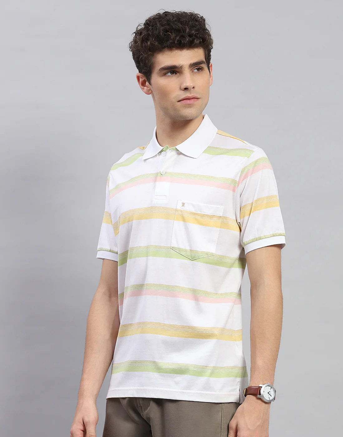 Men White Stripe Polo Collar Half Sleeve T-Shirt - Image 3