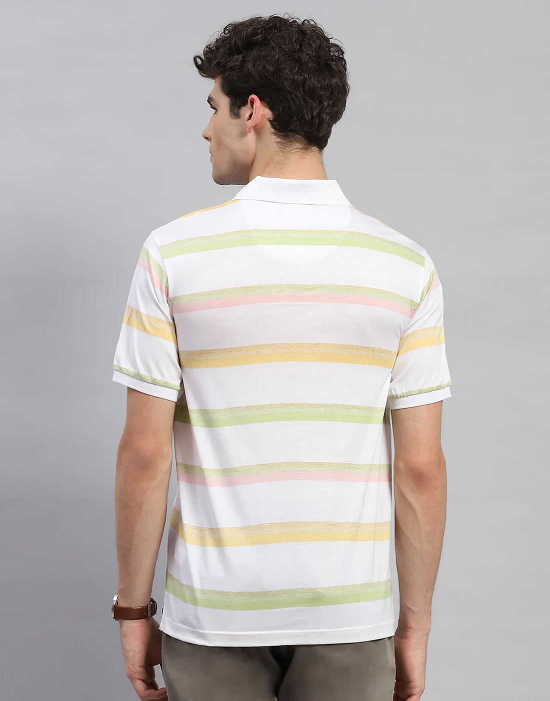 Men White Stripe Polo Collar Half Sleeve T-Shirt - Image 5