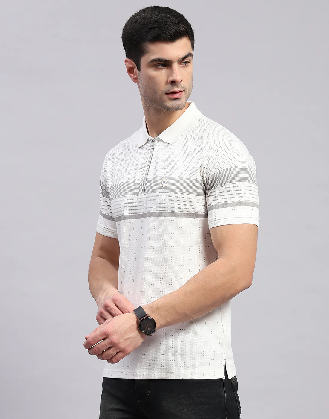 Men White Stripe Polo Collar Half Sleeve T-Shirt - Image 3