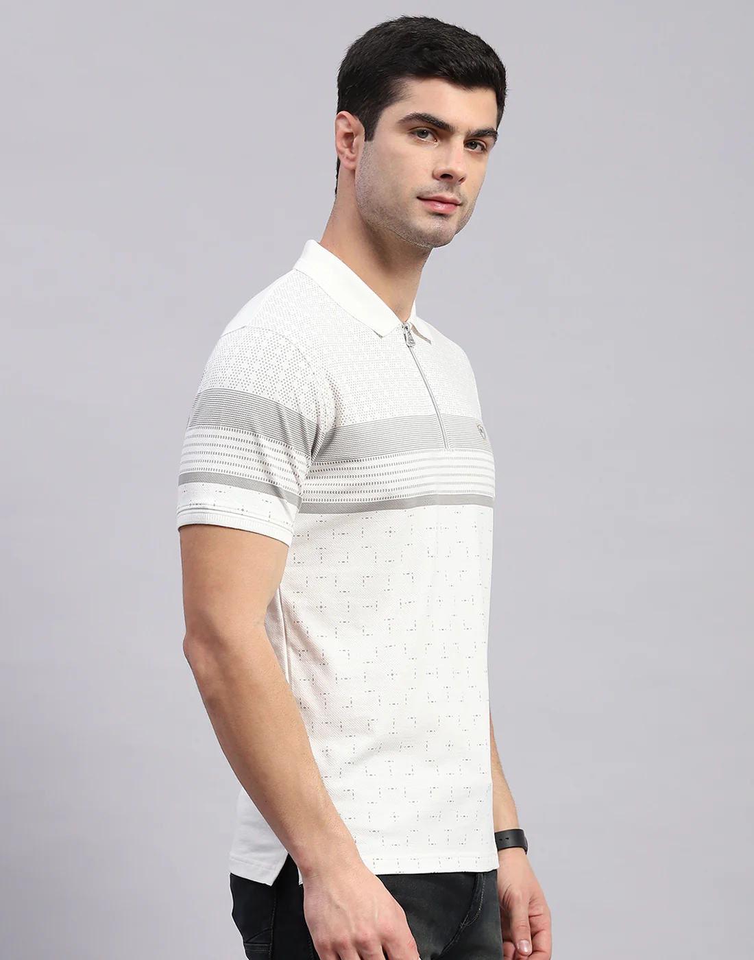 Men White Stripe Polo Collar Half Sleeve T-Shirt - Image 4