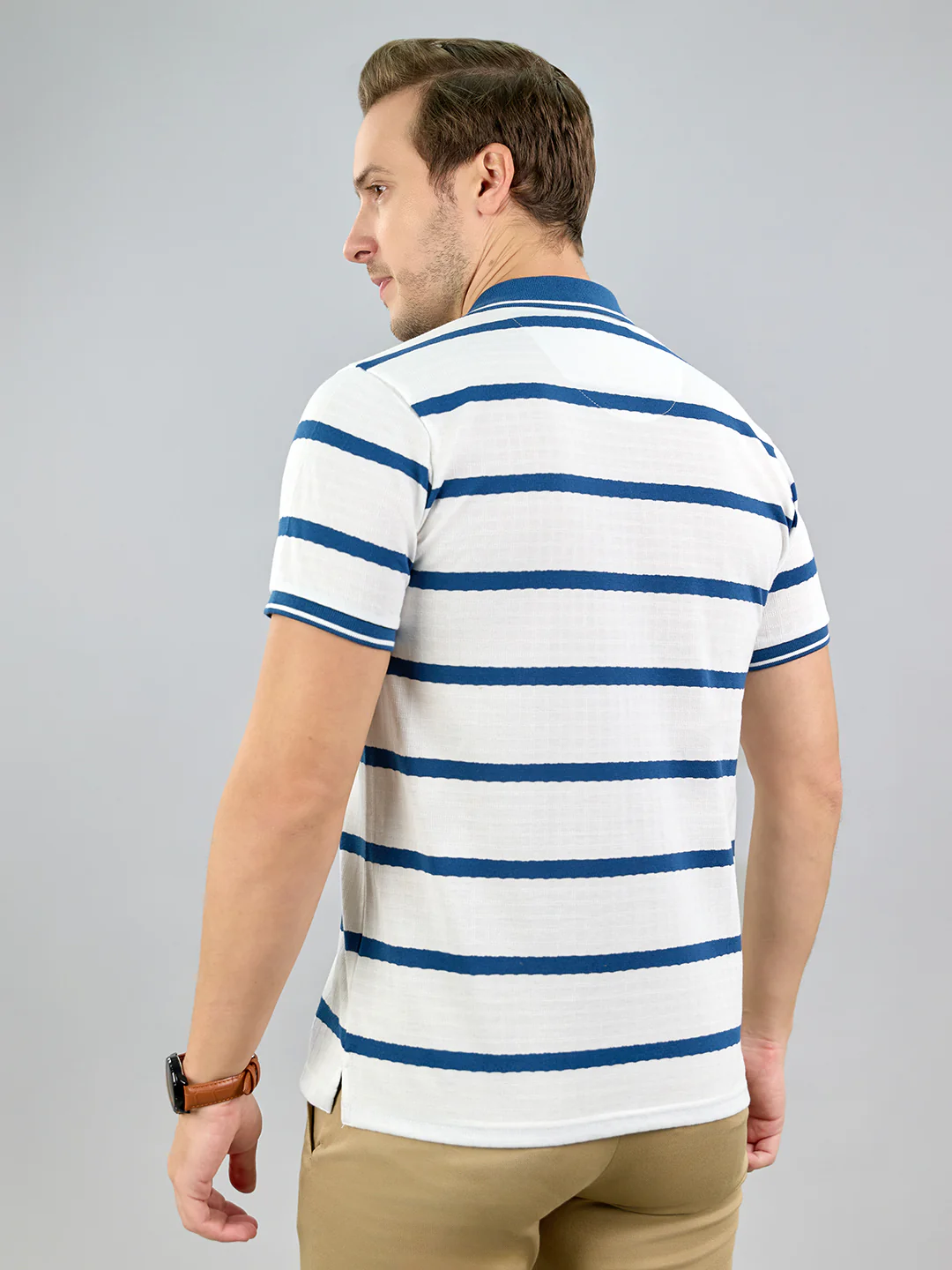 Men White Stripe Polo Collar Half Sleeve T-Shirt - Image 4