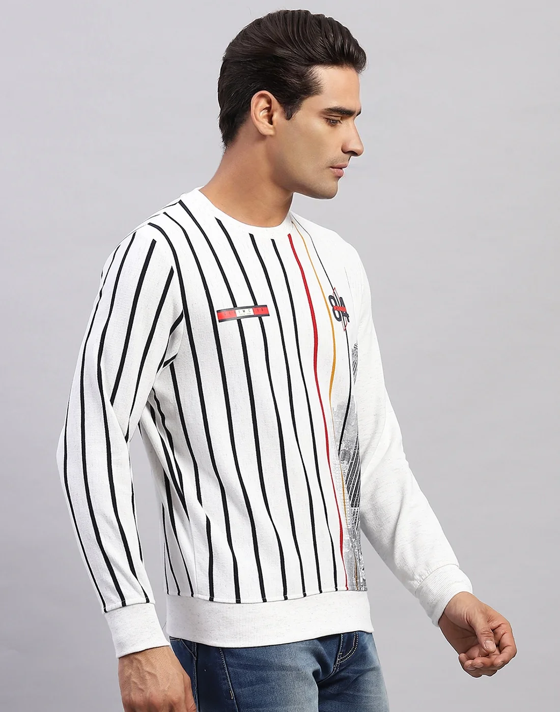 Men White Stripe Round Neck Full Sleeve Sweatshirt - Image 4