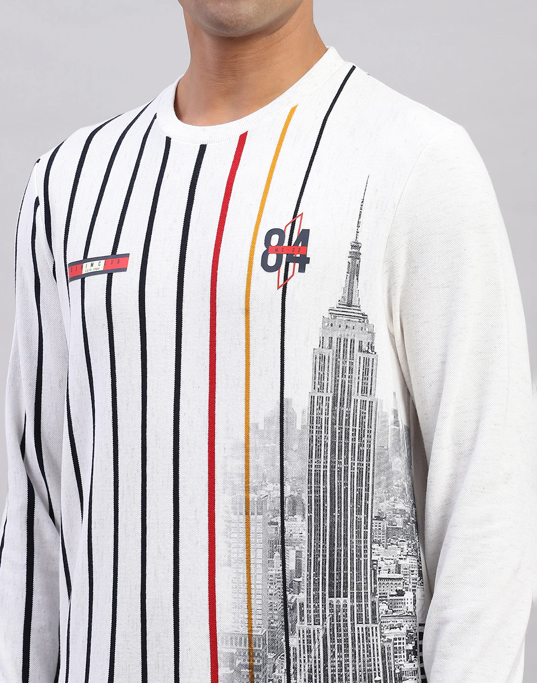 Men White Stripe Round Neck Full Sleeve Sweatshirt - Image 6