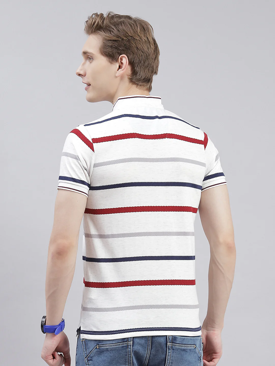 Men White Stripe Stand Collar Half Sleeve T-Shirts - Image 5