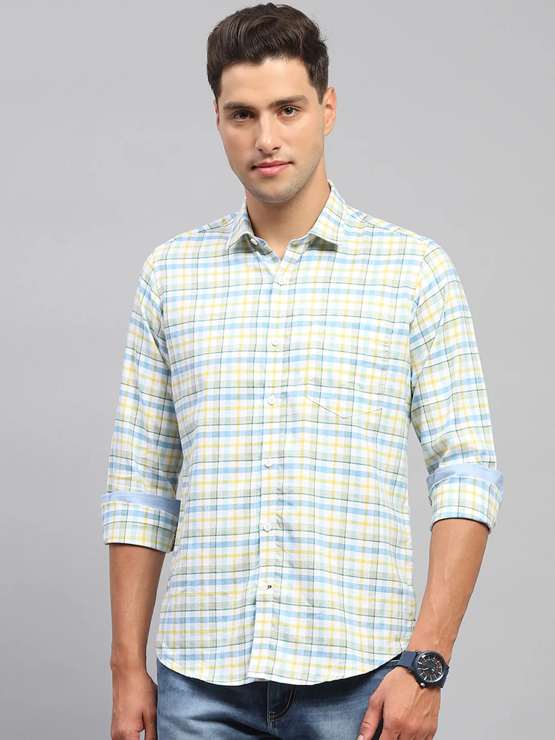 Men Yellow & Blue Check Spread Collar Full Sleeve Shirt - Image 2