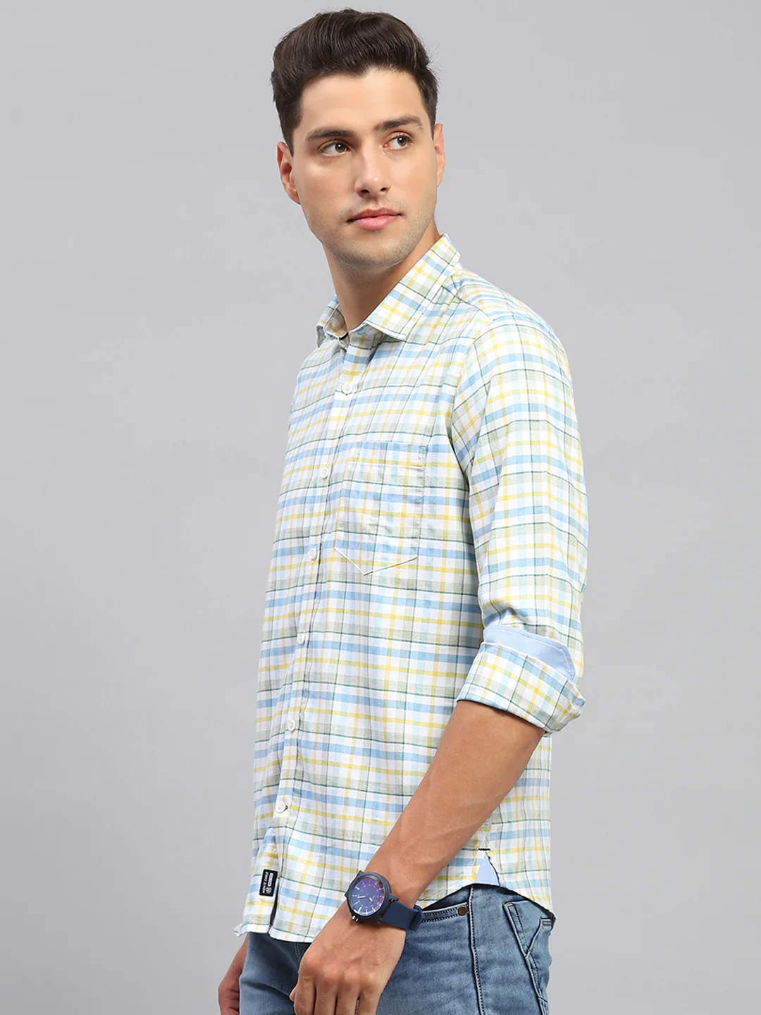 Men Yellow & Blue Check Spread Collar Full Sleeve Shirt - Image 3