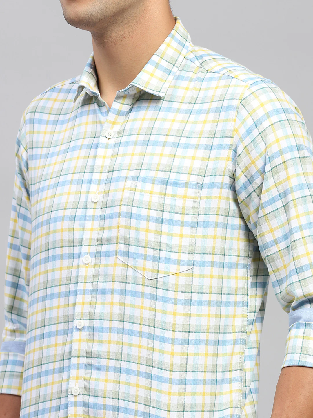 Men Yellow & Blue Check Spread Collar Full Sleeve Shirt - Image 6