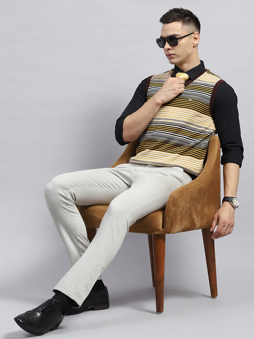 Men Yellow & Brown Stripe V Neck Sleeveless Sweater - Image 2