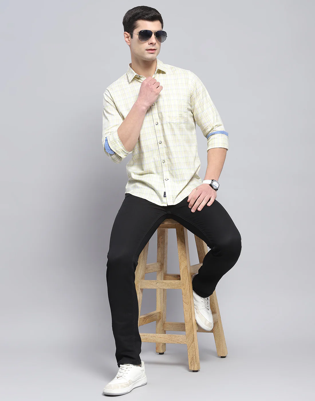 Men Yellow Check Collar Full Sleeve Shirt - Image 2
