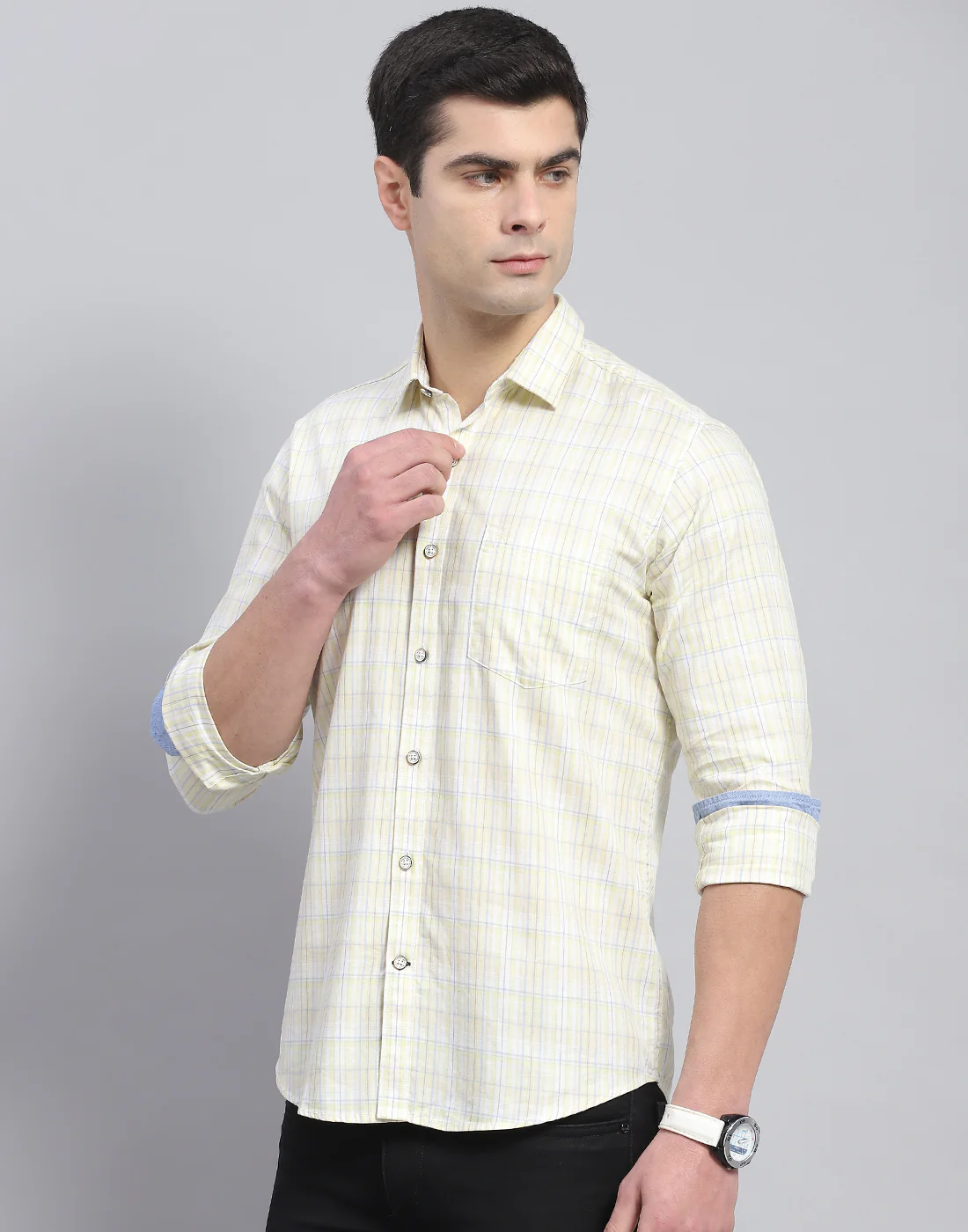 Men Yellow Check Collar Full Sleeve Shirt - Image 4