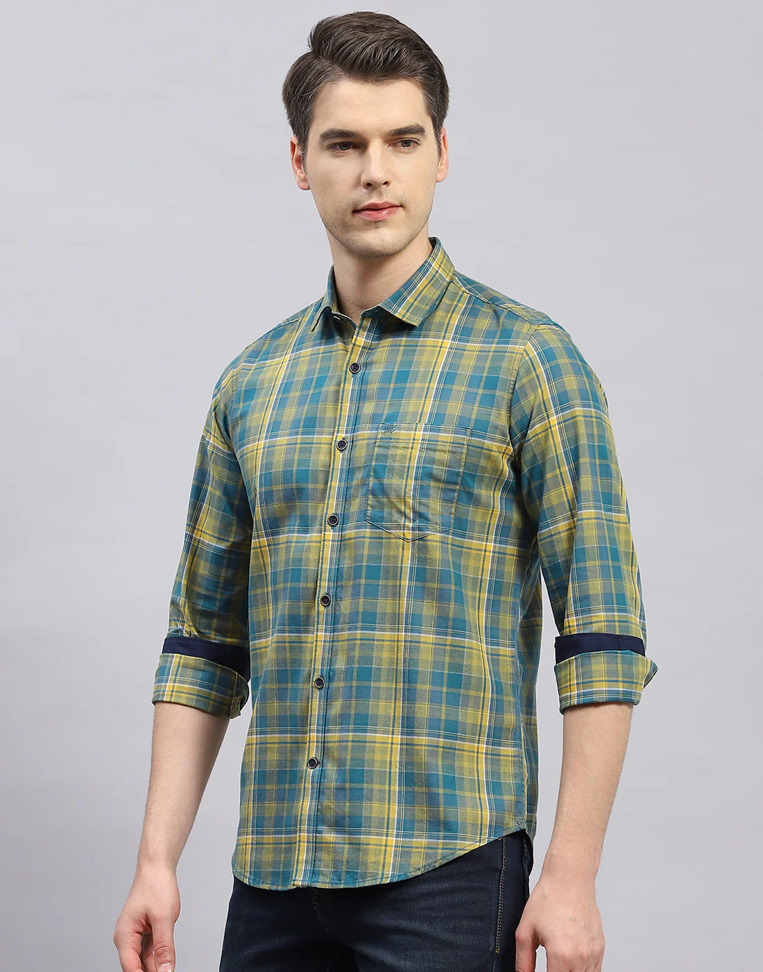 Men Yellow Check Collar Full Sleeve Shirt - Image 4