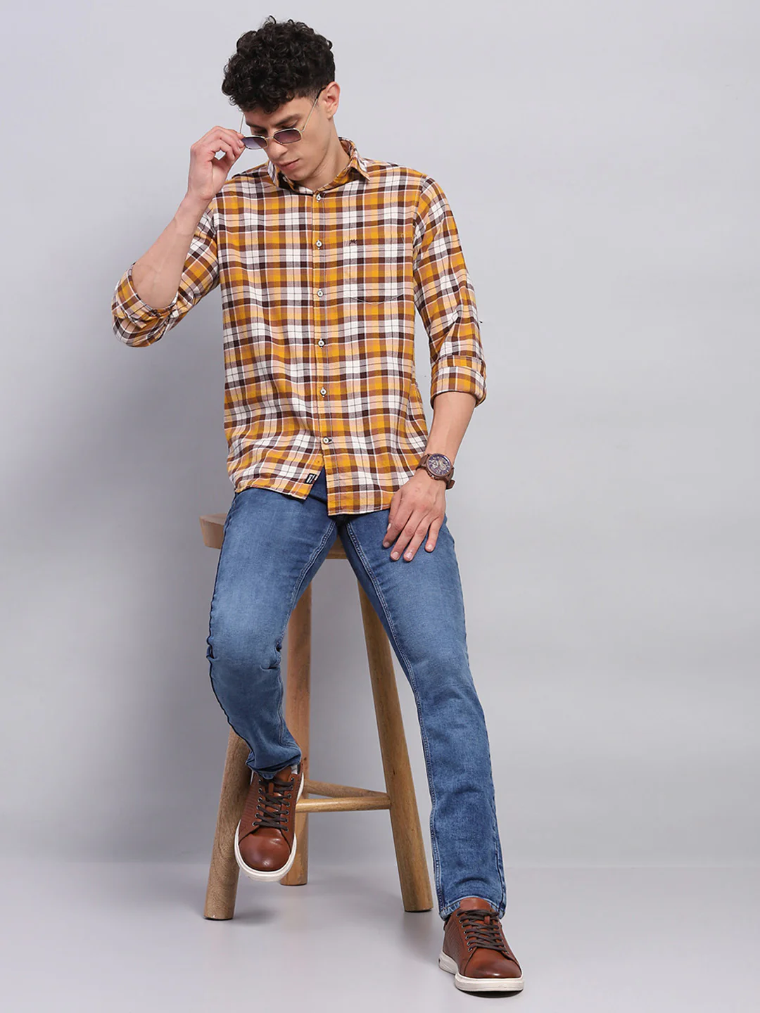 Men Yellow Check Collar Full Sleeve Shirt - Image 2