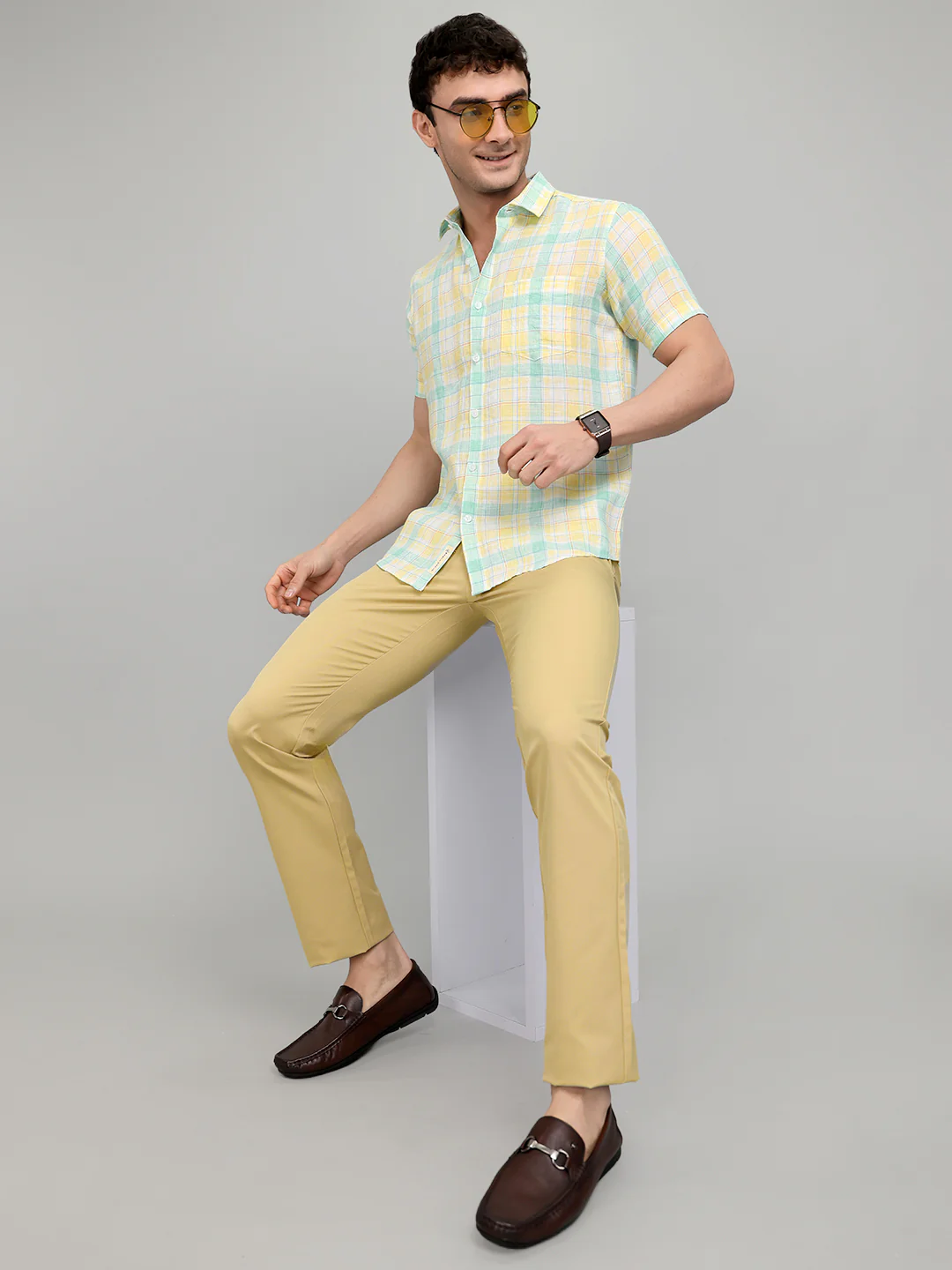 Men Yellow Check Collar Half Sleeve Shirt - Image 6