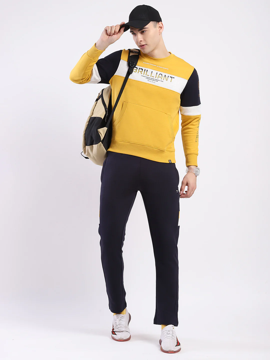 Men Yellow & Navy Blue Solid Round Neck Full Sleeve Winter Tracksuit - Image 2