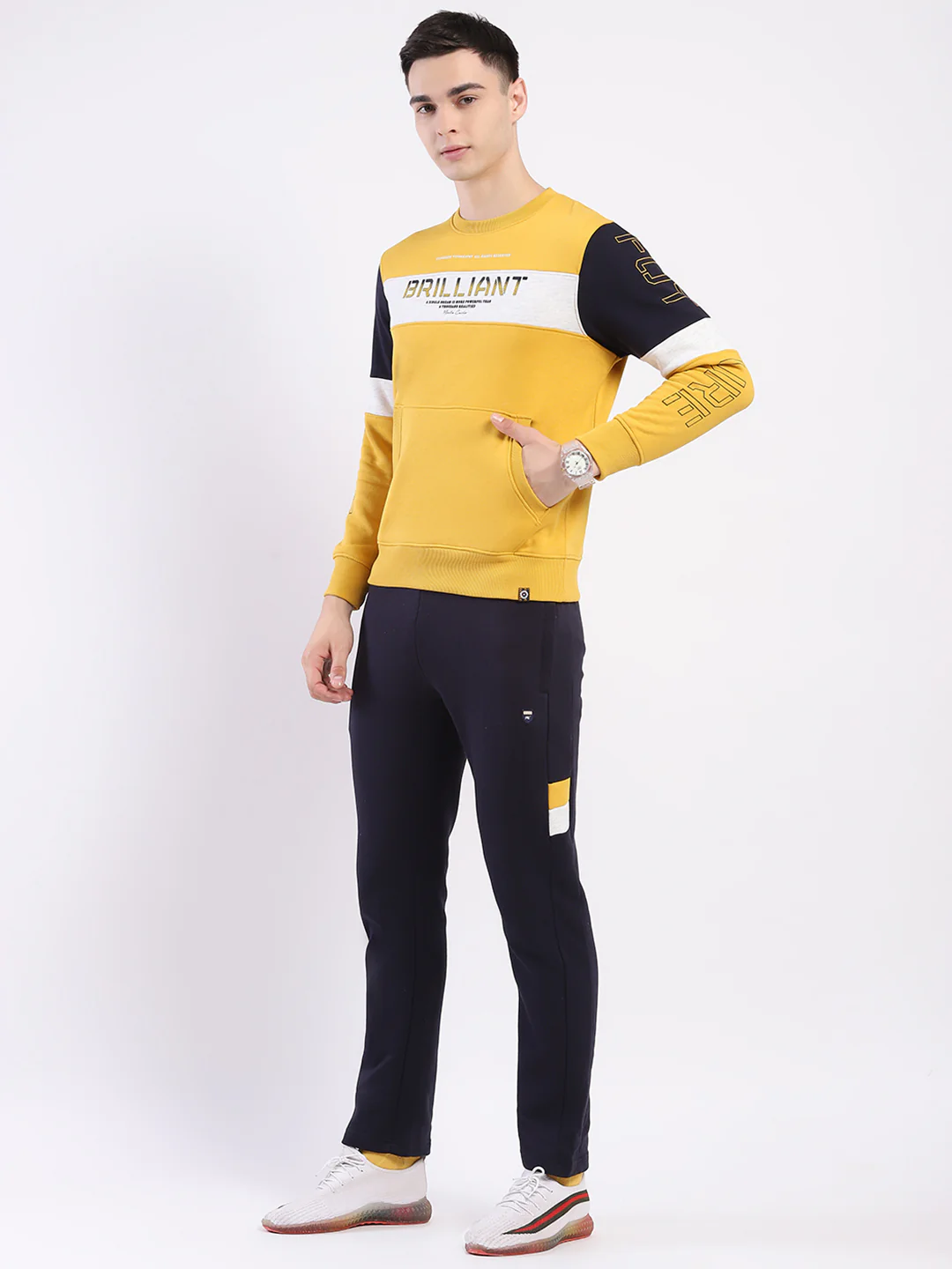 Men Yellow & Navy Blue Solid Round Neck Full Sleeve Winter Tracksuit - Image 3