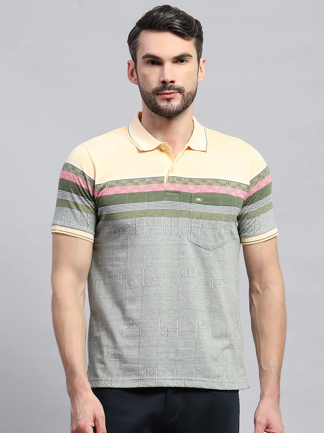 Men Yellow & Olive Stripe Collar Half Sleeve T-Shirt - Image 2