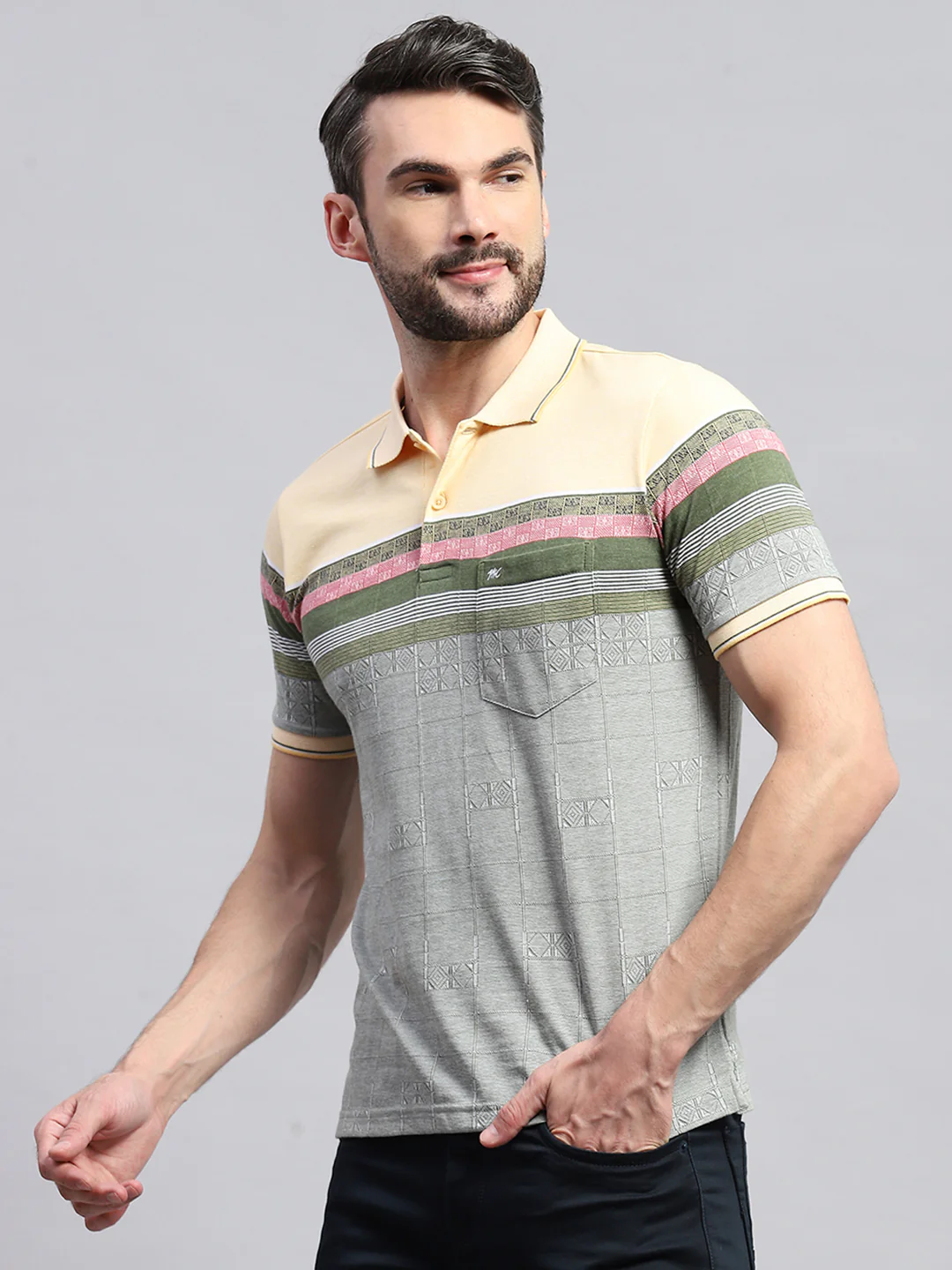 Men Yellow & Olive Stripe Collar Half Sleeve T-Shirt - Image 3