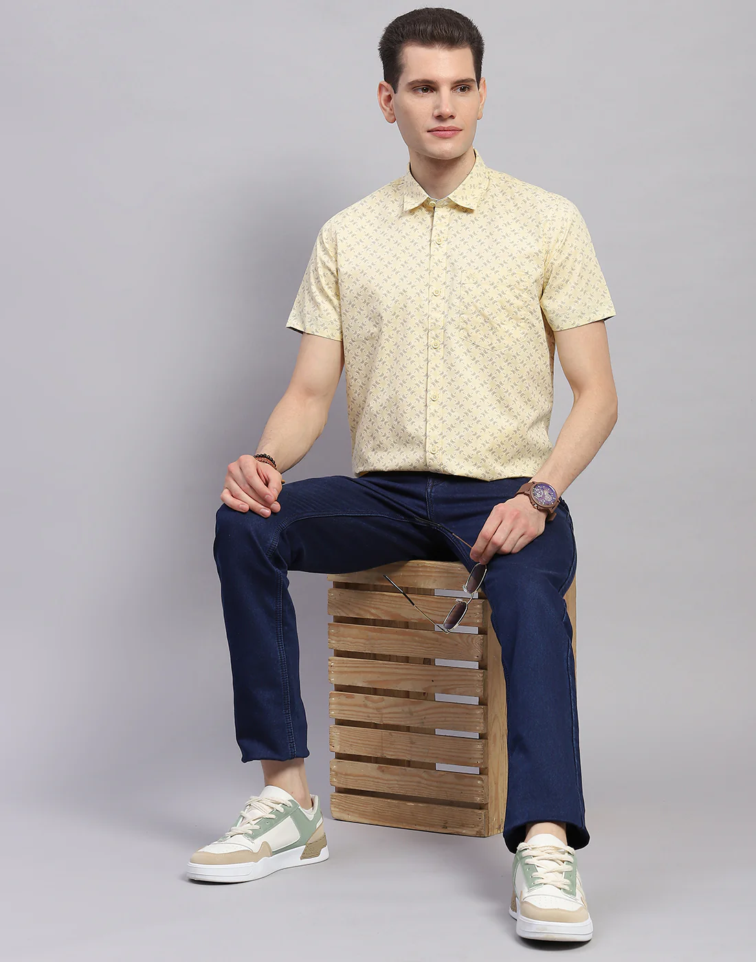 Men Yellow Printed Collar Half Sleeve Shirt - Image 2