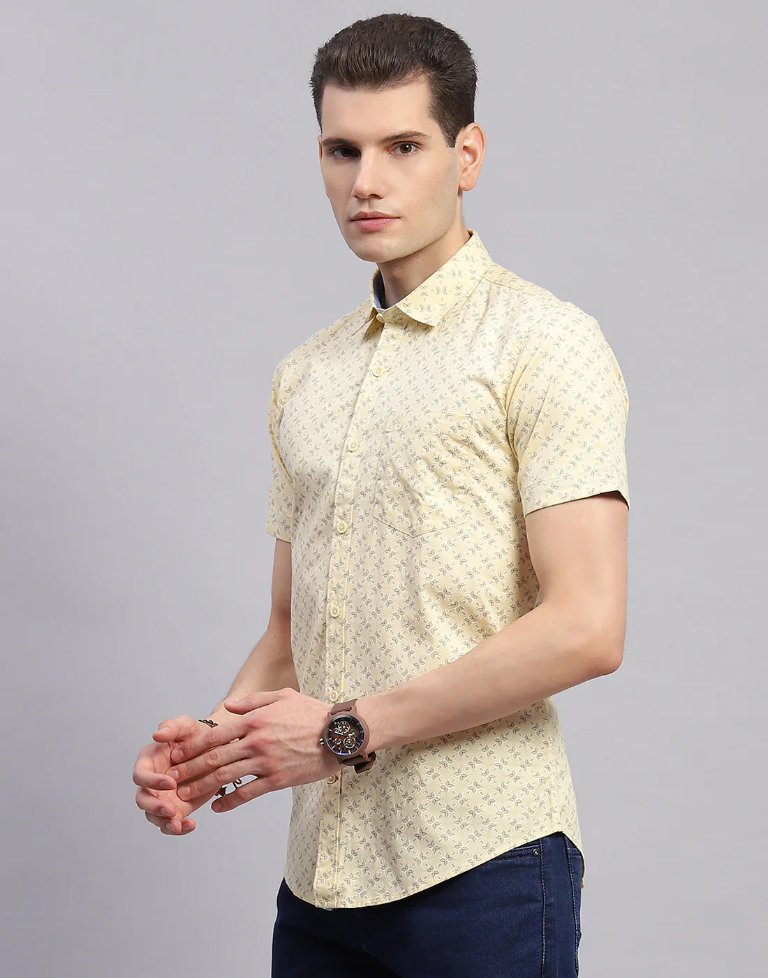 Men Yellow Printed Collar Half Sleeve Shirt - Image 3