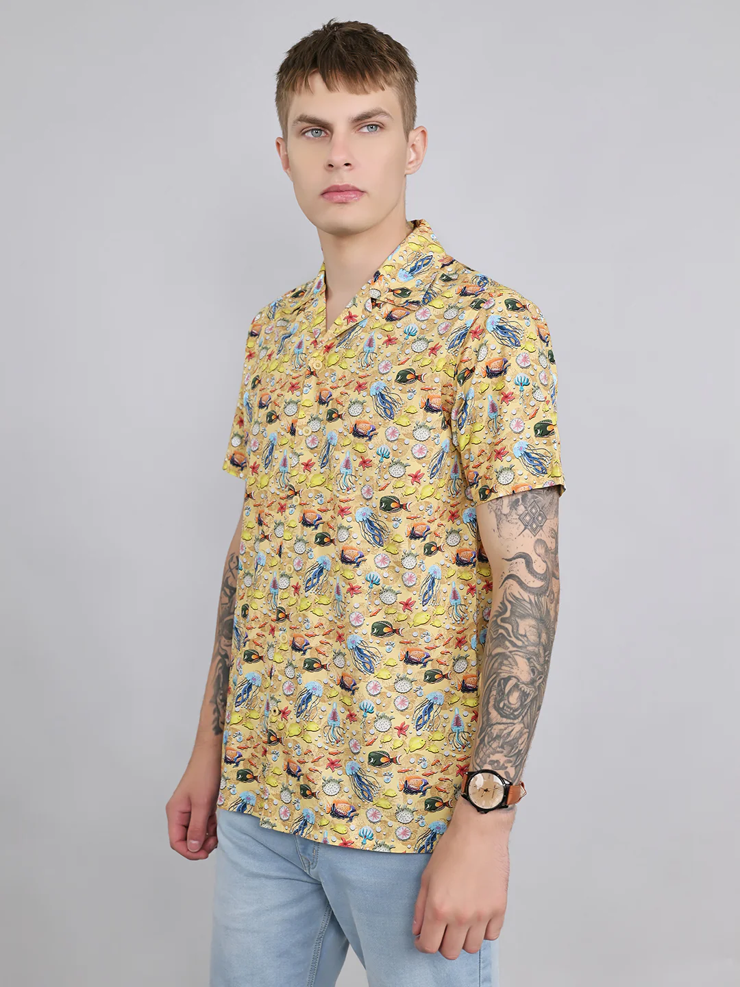 Men Yellow Printed Collar Half Sleeve Shirt - Image 3
