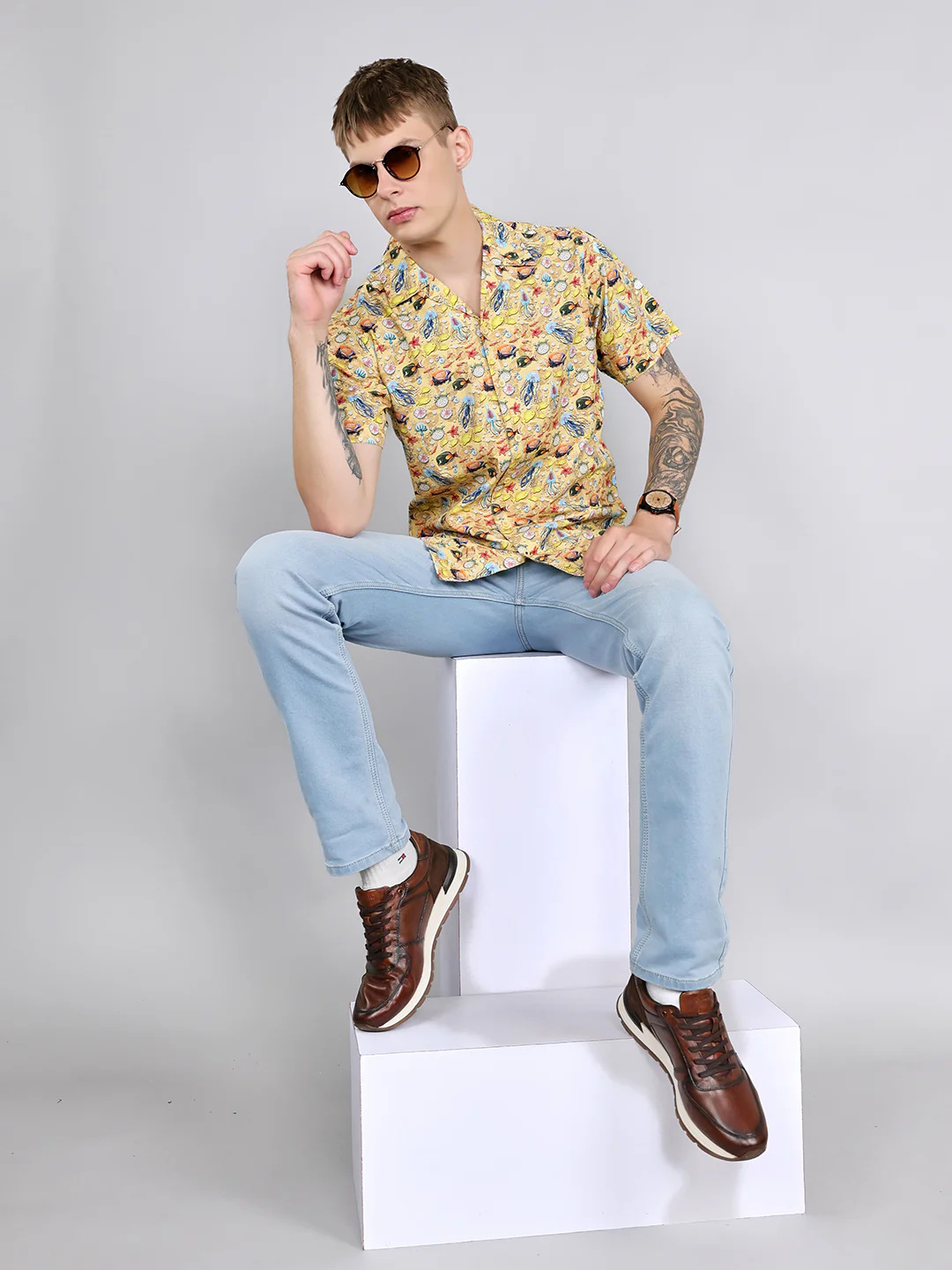 Men Yellow Printed Collar Half Sleeve Shirt - Image 7