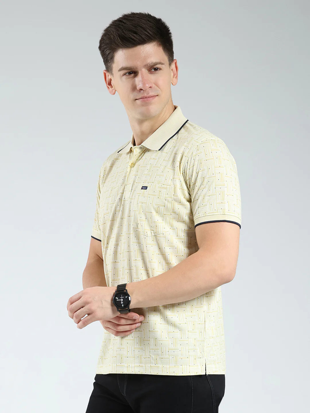 Men Yellow Printed Collar Half Sleeve T-Shirt - Image 3