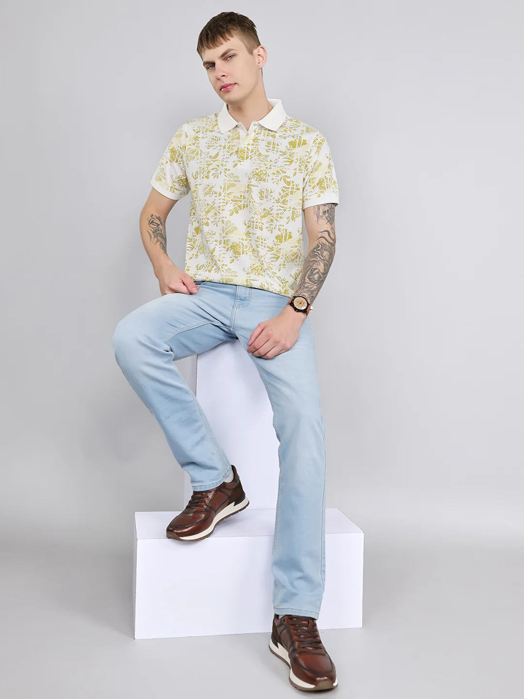 Men Yellow Printed Collar Half Sleeve T-Shirt - Image 6