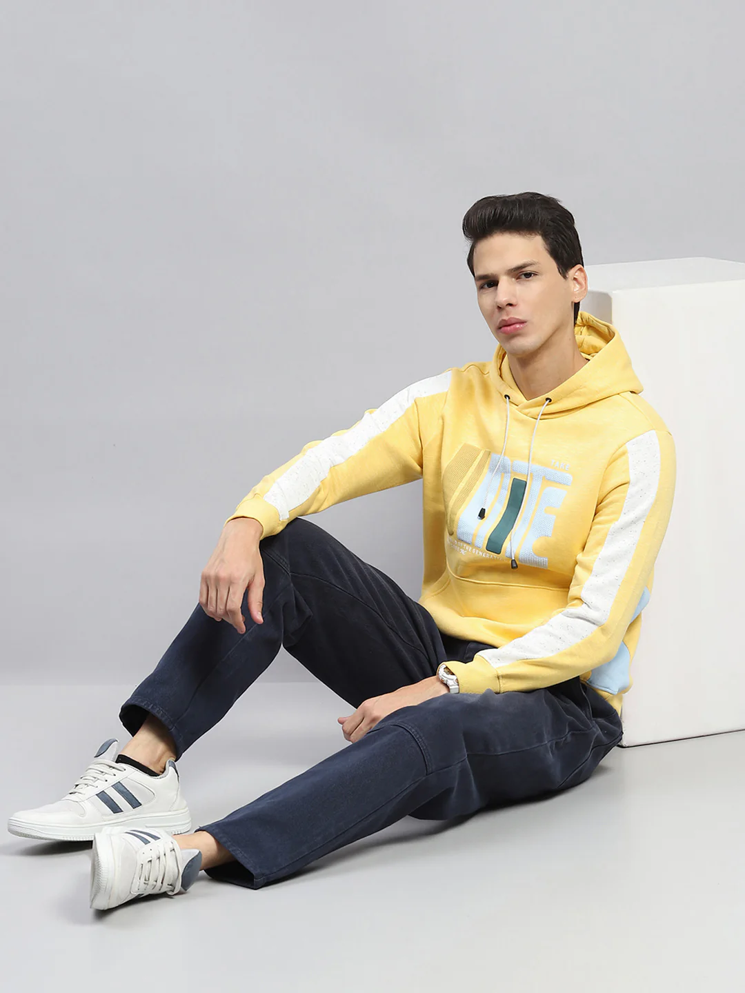 Men Yellow Printed Hooded Full Sleeve Sweatshirt - Image 2