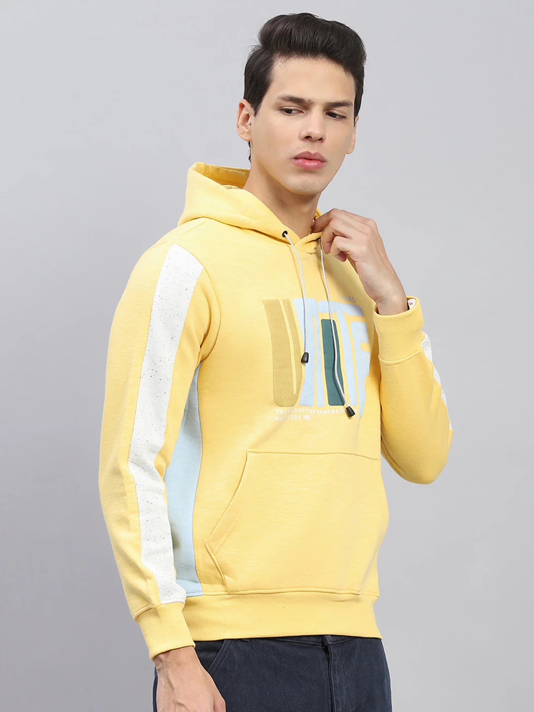 Men Yellow Printed Hooded Full Sleeve Sweatshirt - Image 4