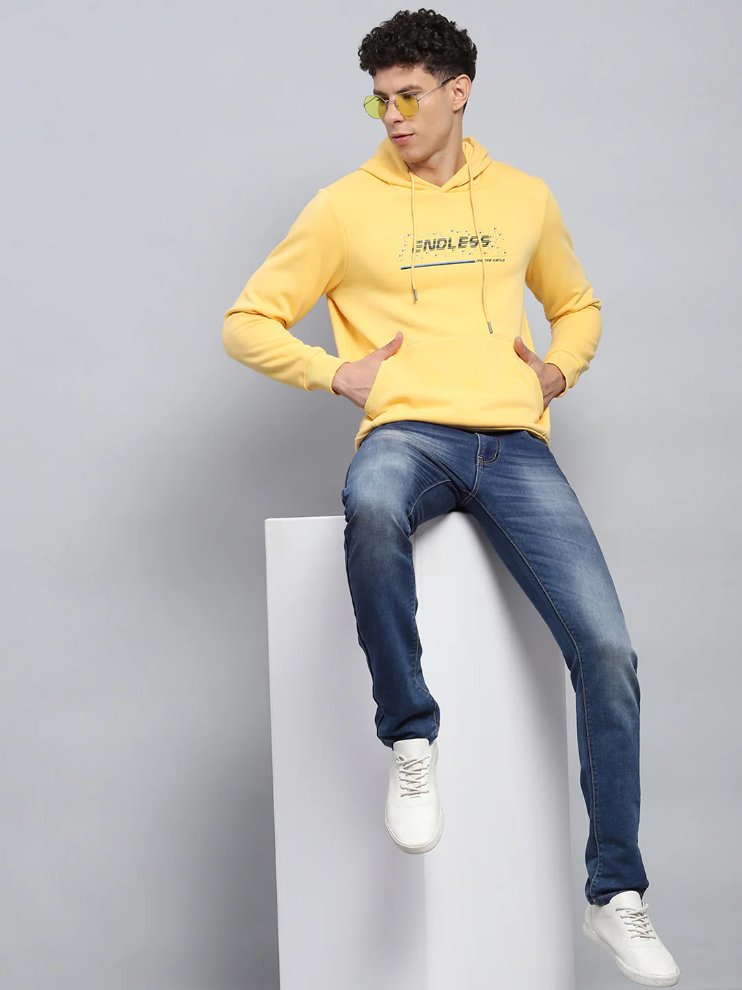 Men Yellow Printed Hooded Full Sleeve Sweatshirt - Image 2