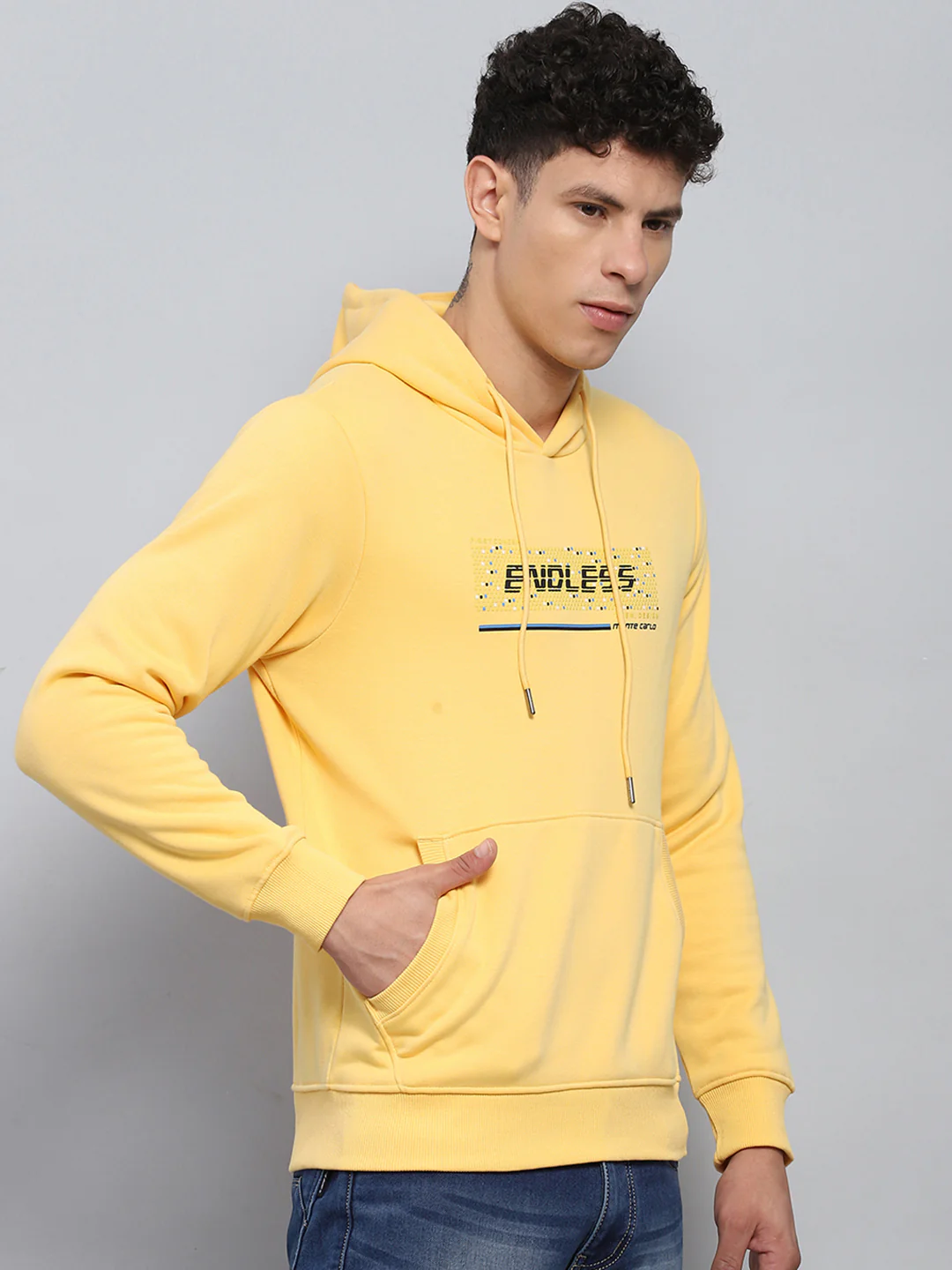 Men Yellow Printed Hooded Full Sleeve Sweatshirt - Image 4